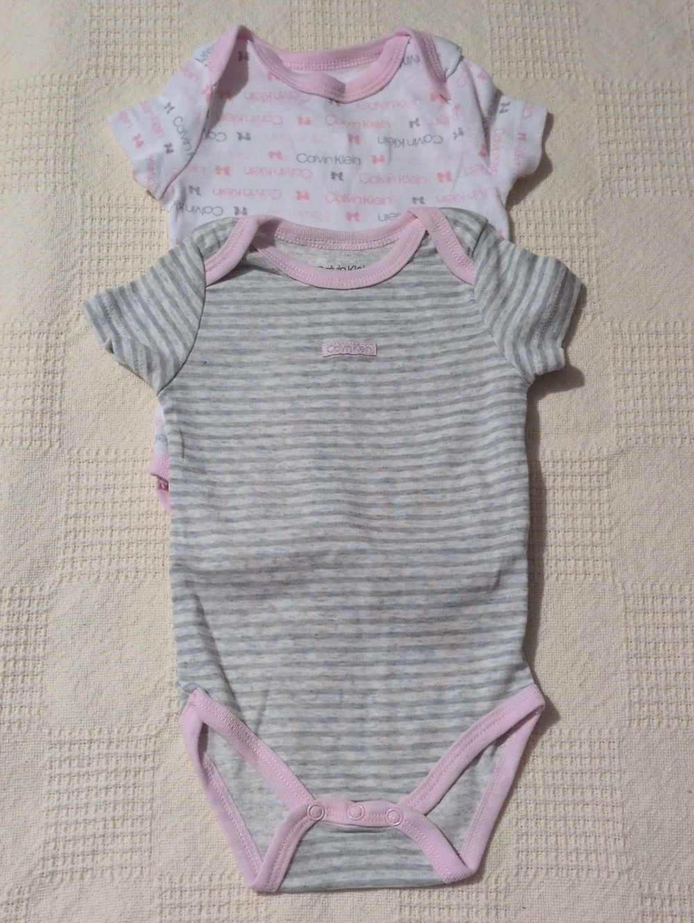 Calvin Klein Gray Stripe and Light Pink Trim 2-Pack Baby Bodysuits